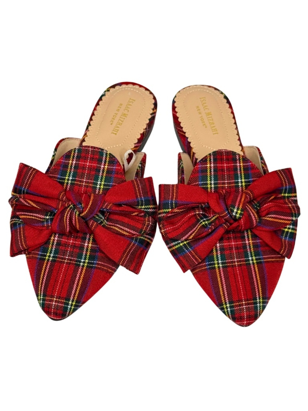 Isaac Mizrahi New York Aubree Sz 7.5 Red Tartan Plaid Bow Mule Slides - Picture 2 of 6